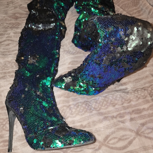 Pleasers Green sequin thigh high boots - Picture 1 of 2